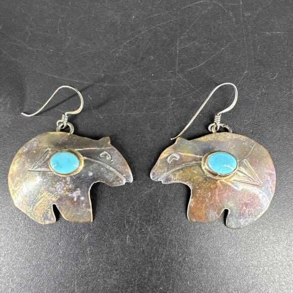 Sterling Jewelry - Native American Earrings Sterling Silver Bear Shaped Turquoise Stamped H. Wood